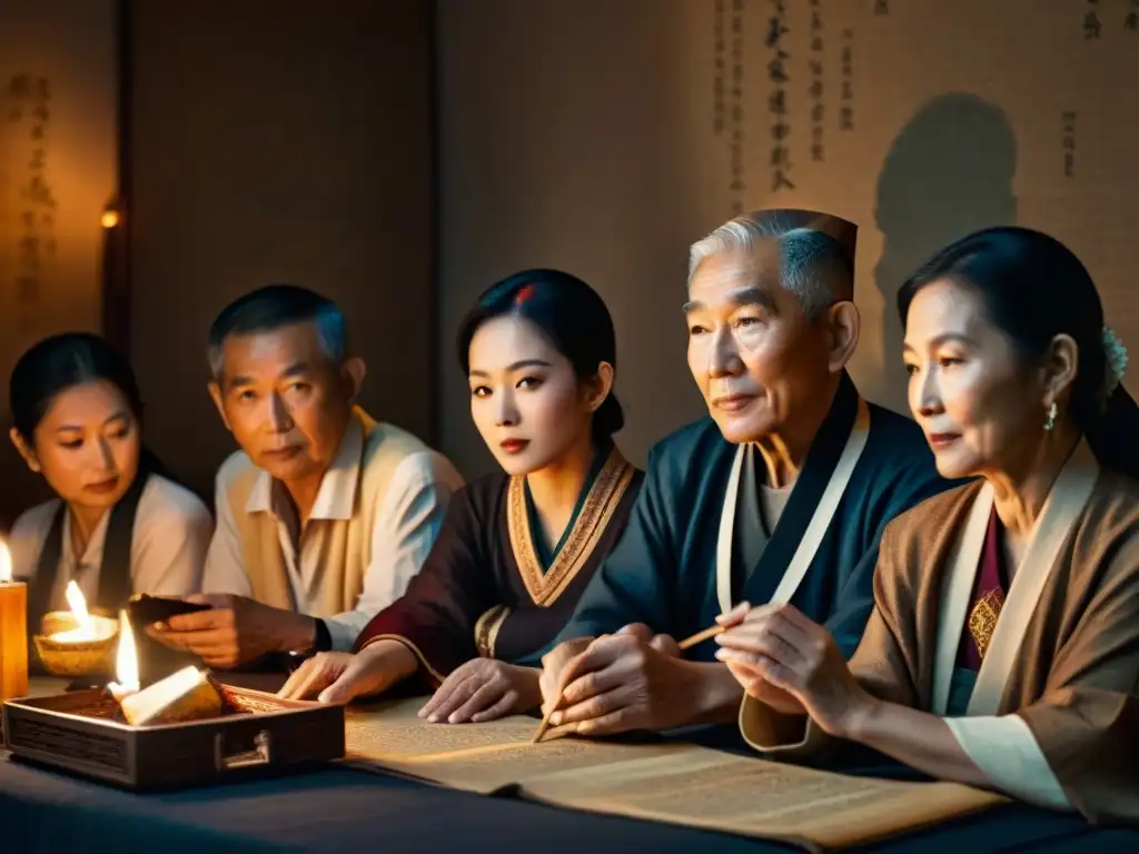 Un grupo de ancianos asiáticos en trajes tradicionales, conversando en una habitación iluminada por velas