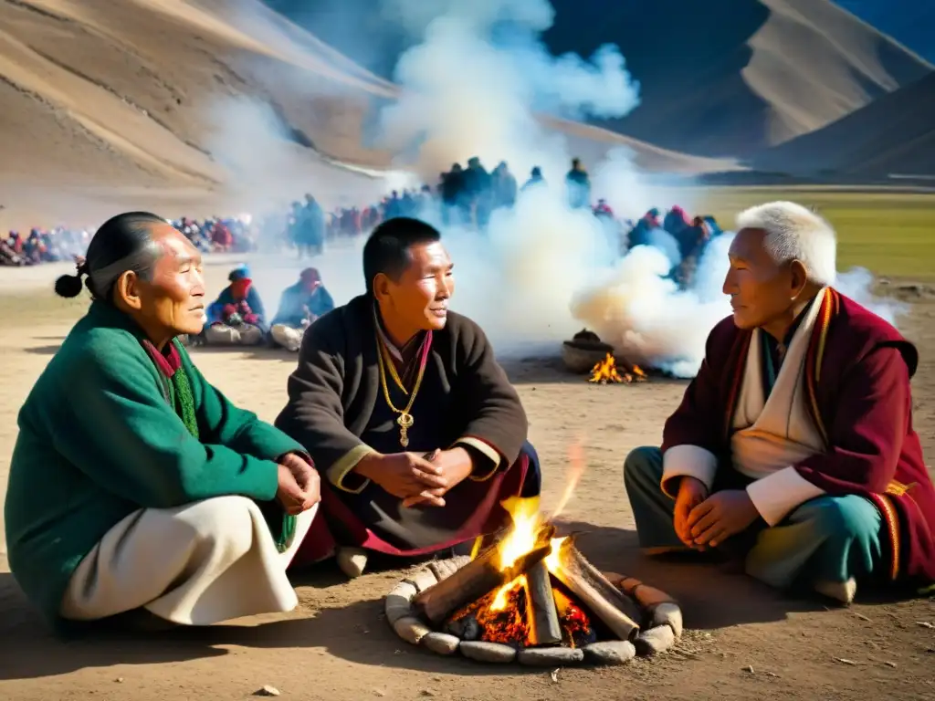 Sabiduría ancestral: Bonpos en la montaña tibetana Grupo de ancianos Bonpos en discusión alrededor de fogata sagrada en Tíbet, influencia en decisiones políticas