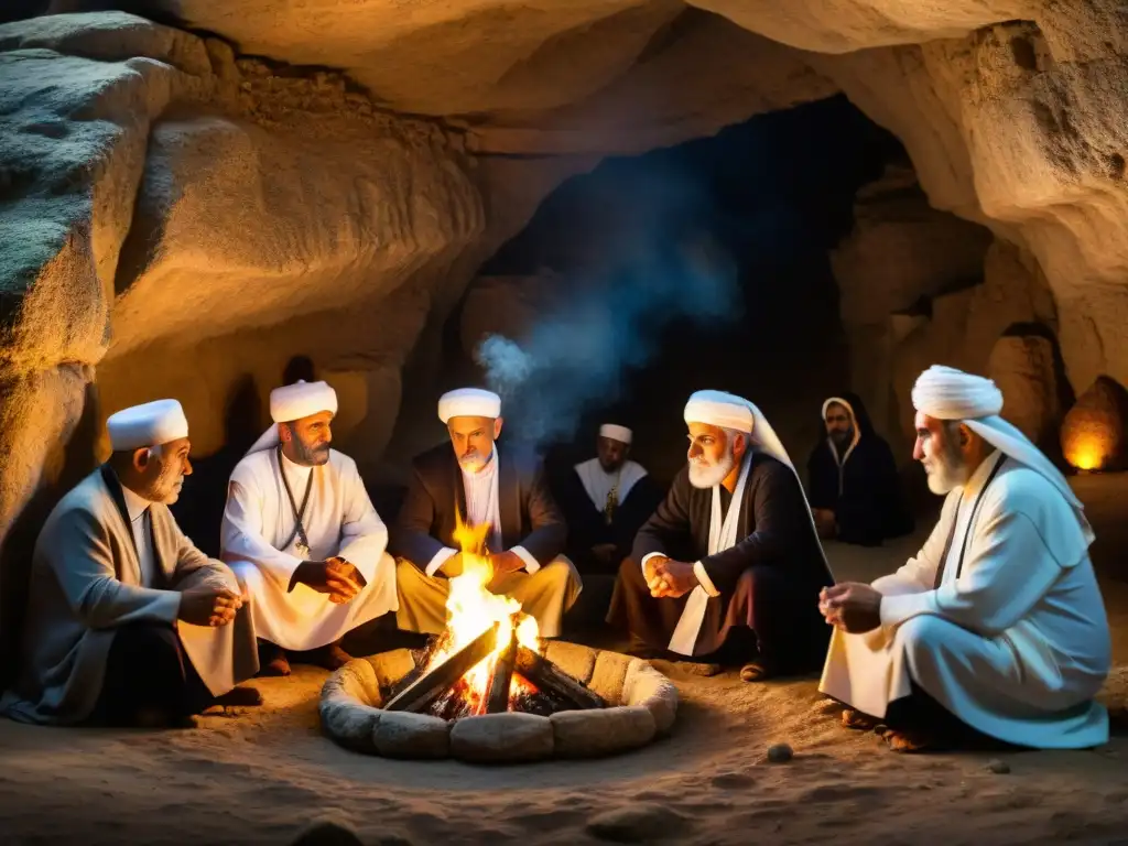 Un grupo de ancianos Druze en ritual misterioso en cueva iluminada por fuego sagrado