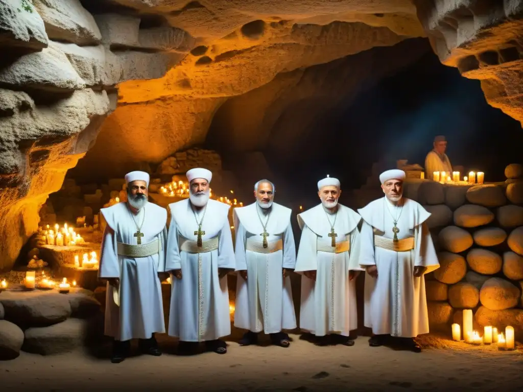 Un grupo de ancianos Druze en ritual secreto en cueva iluminada por velas, Sociedades secretas Druze misterios