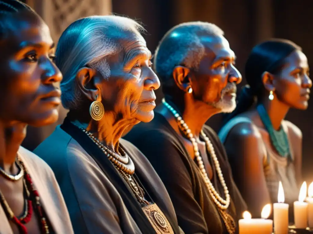 Un grupo de ancianos de una sociedad secreta en ritual, rostros marcados por la edad y atuendos tribales, rodeados de velas y artefactos antiguos