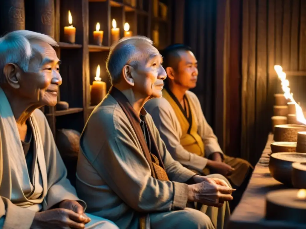 Un grupo de ancianos en trajes tradicionales del sudeste asiático en una reunión secreta rodeados de velas y artefactos antiguos