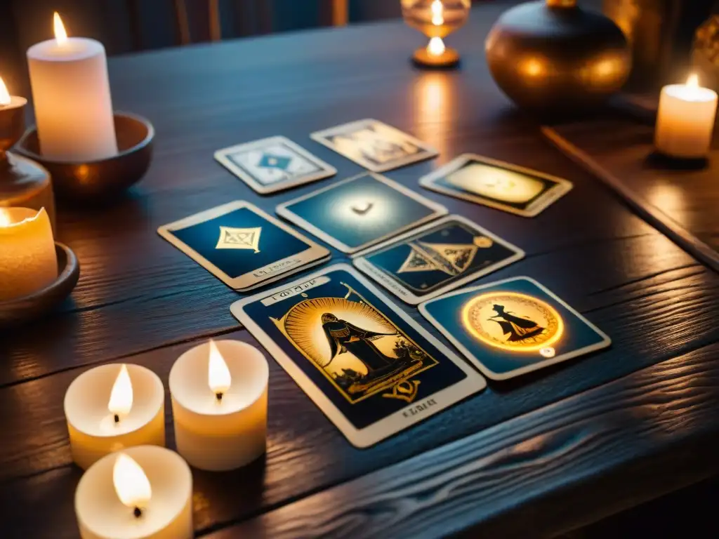 Grupo de antiguas cartas del tarot en mesa de madera iluminadas por velas