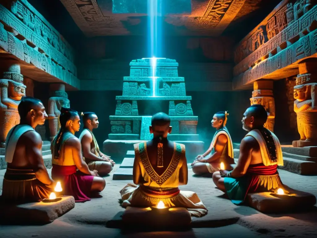 Grupo de antiguos sacerdotes mayas realizando un ritual con cristales en un templo iluminado, atmosfera mística