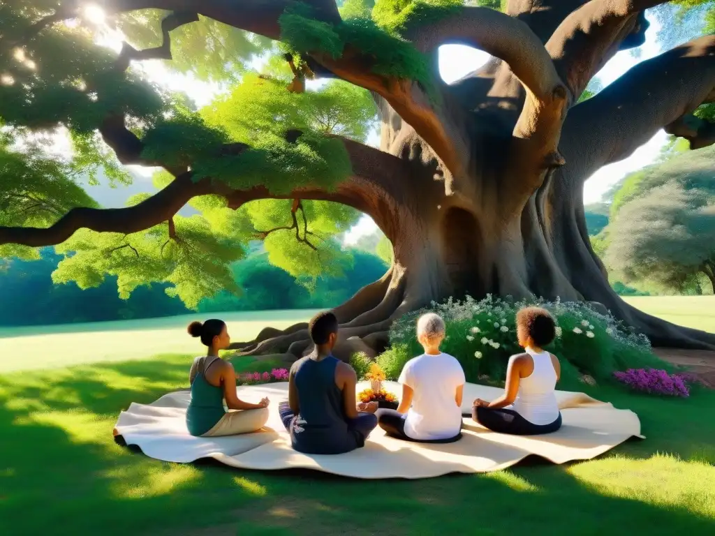 Grupo en meditación bajo un árbol antiguo, creando armonía espiritual