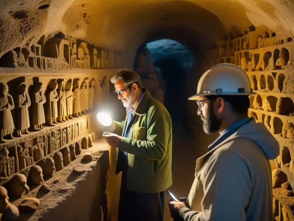 Un grupo de arqueólogos iluminados por sus lámparas de cabeza, excavando símbolos cristianos primitivos en catacumbas