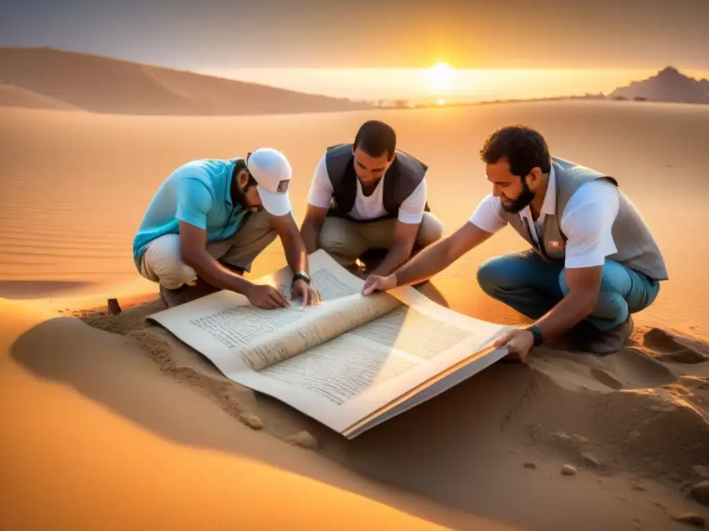 Grupo de arqueólogos excavan manuscritos antiguos en Egipto al atardecer