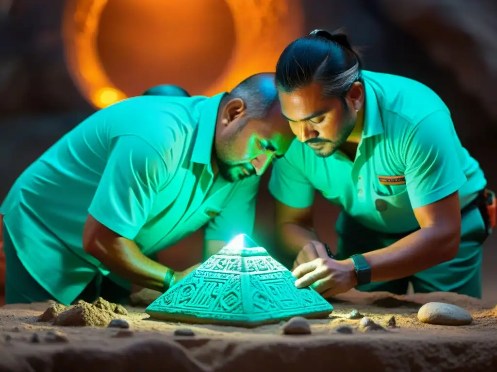 Grupo de arqueólogos excavando con precisión una joya poder del Imperio Azteca en sitio antiguo, resplandeciendo bajo luz de sus lámparas