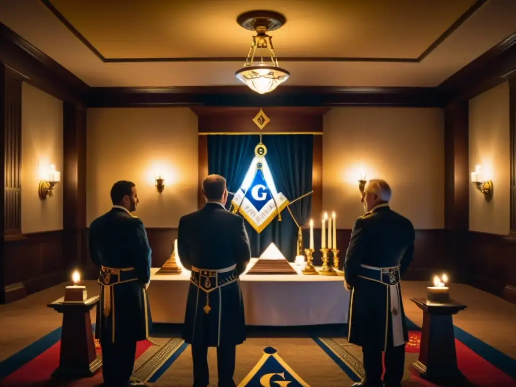 Un grupo en atuendo masónico en una sala ritual iluminada con simbología masónica