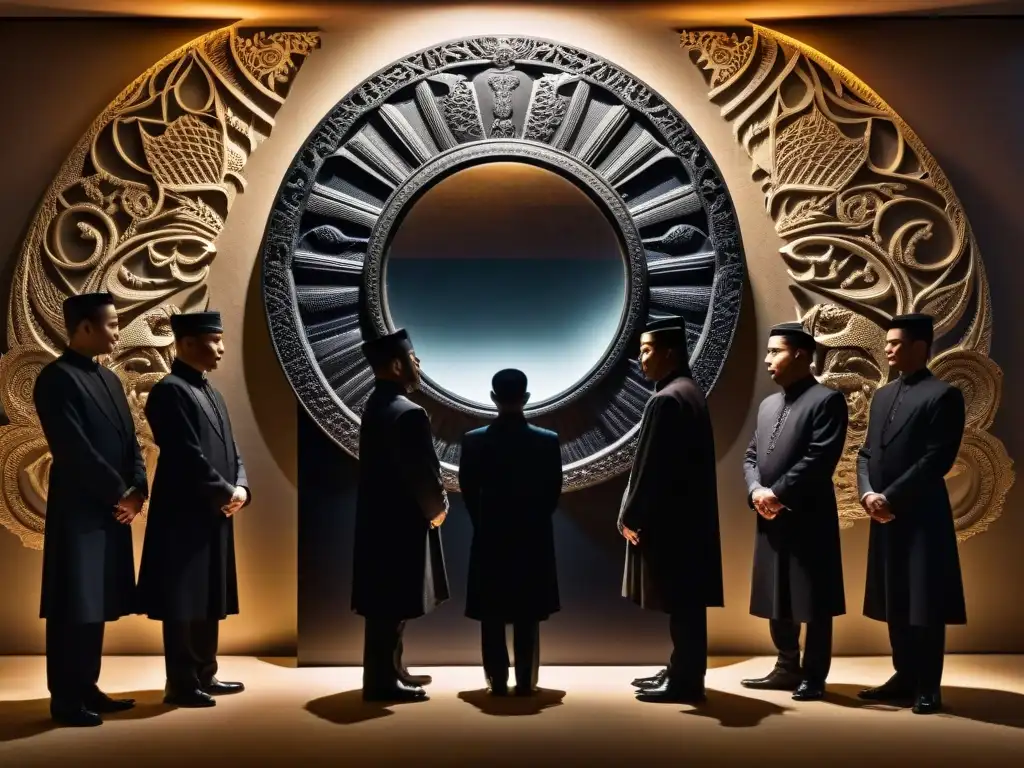 Un grupo en atuendos ceremoniales frente a un espejo de obsidiana, creando una atmósfera mística