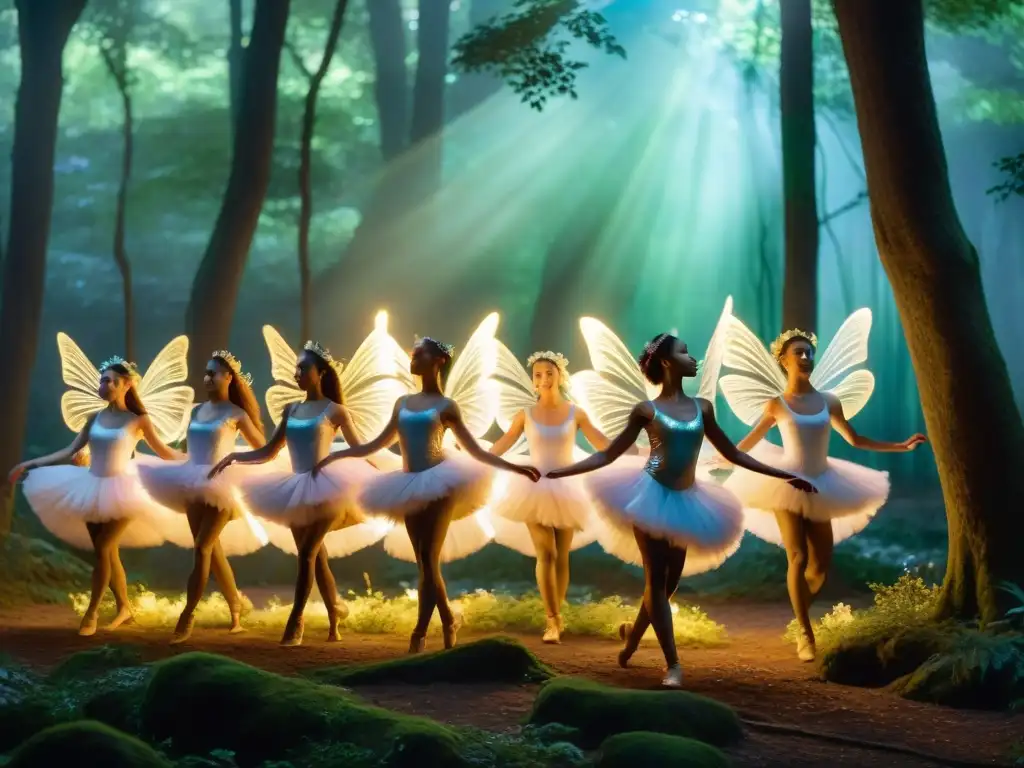 Un grupo de bailarines en trajes etéreos danza en un bosque iluminado por luces suaves, evocando una atmósfera mágica y encantadora