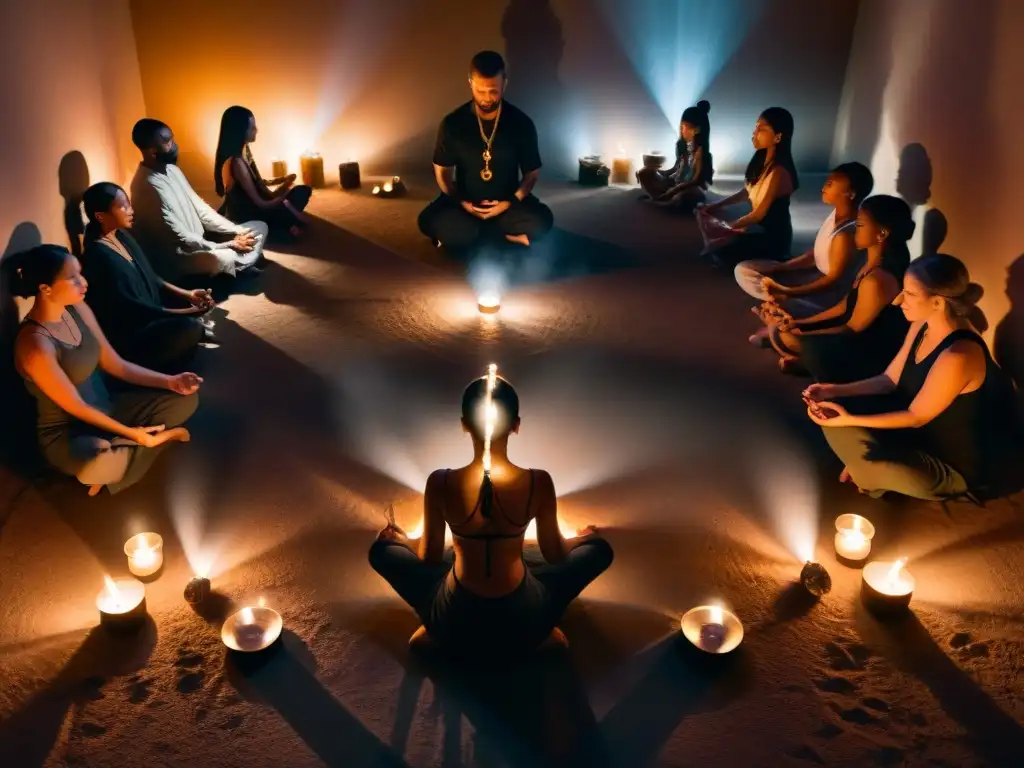 Grupo en meditación, unidos en búsqueda de curación física y espiritual en una habitación misteriosa iluminada por velas y cristales