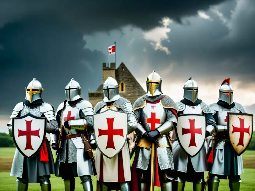 Un grupo de Caballeros Templarios en armadura completa, frente a un castillo medieval bajo un cielo tormentoso