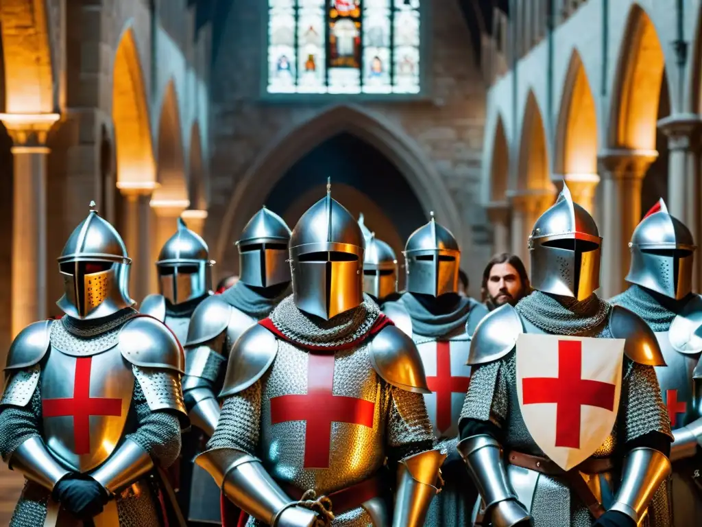 Un grupo de Caballeros Templarios en armaduras relucientes, solemnemente en una catedral antigua