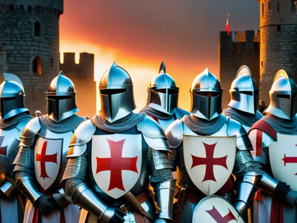 Un grupo de caballeros templarios en formación frente a un castillo medieval al atardecer, rodeados de una mística aura