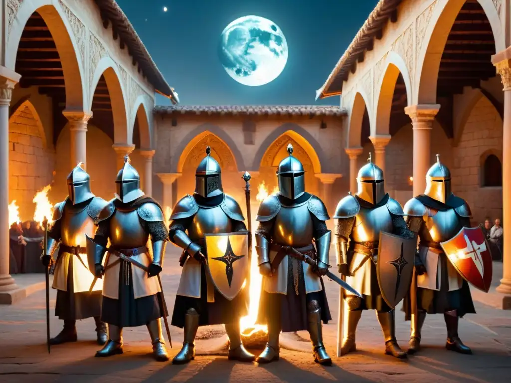 Grupo de caballeros templarios en un patio medieval iluminado por antorchas, rodeados de símbolos misteriosos bajo la luz de la luna