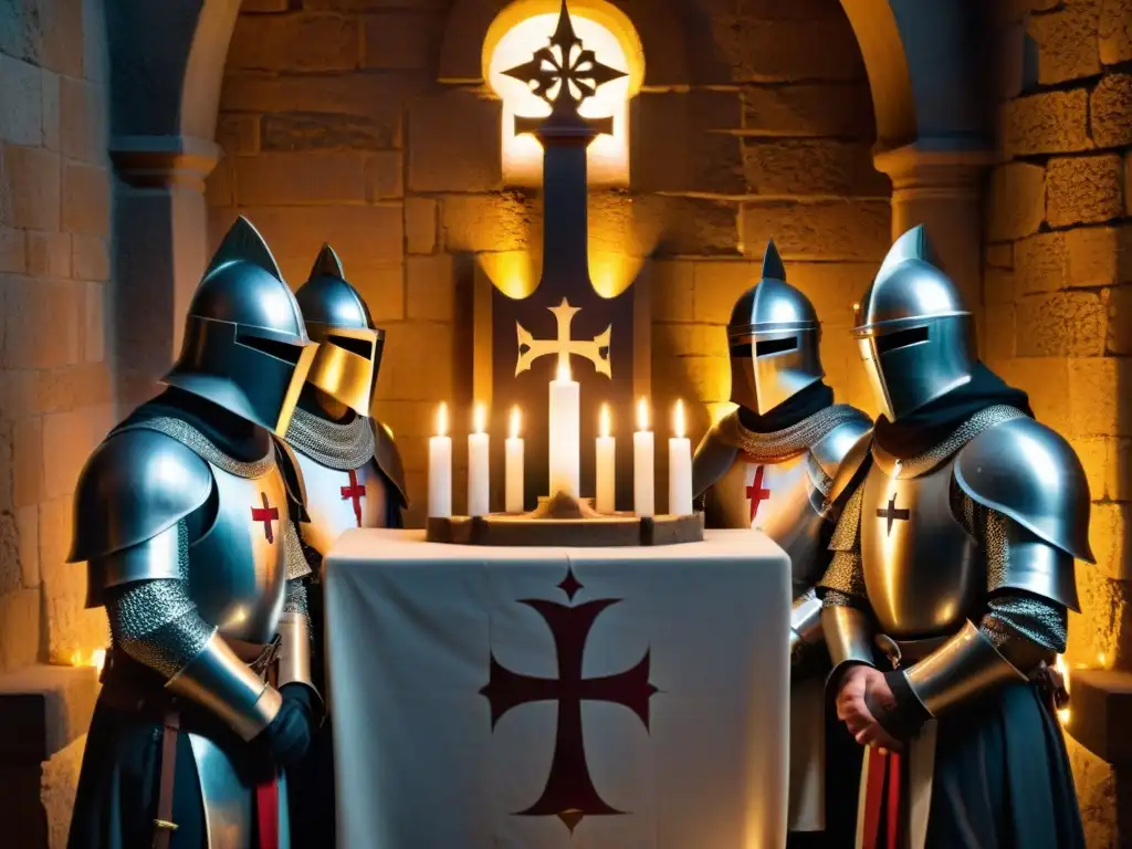 Un grupo de caballeros templarios en un ritual sagrado alrededor de un altar iluminado por velas, en una cámara medieval