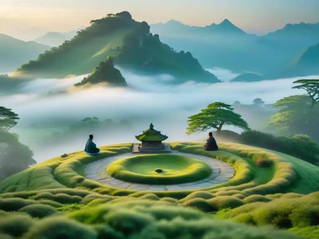 Grupo en capas ejecuta Tai Chi al amanecer en la cima neblinosa de una montaña, rodeados de ruinas antiguas