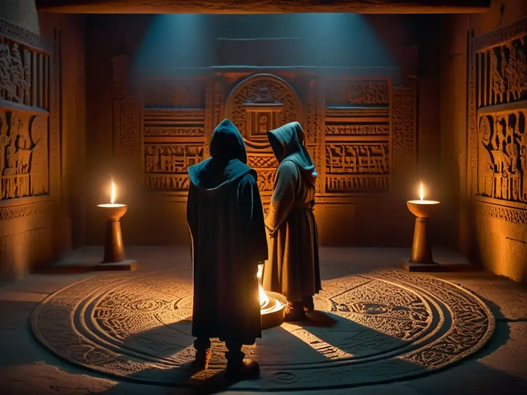 Ritual secreto en cámara misteriosa: sombras y símbolos antiguos Grupo en capuchas en ritual misterioso con símbolo en suelo