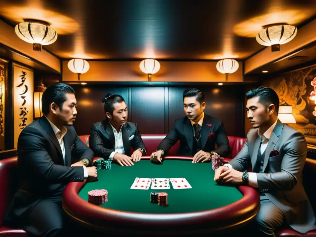 Grupo de Yakuza en un casino clandestino de Tokio, con un ambiente misterioso y lleno de intriga