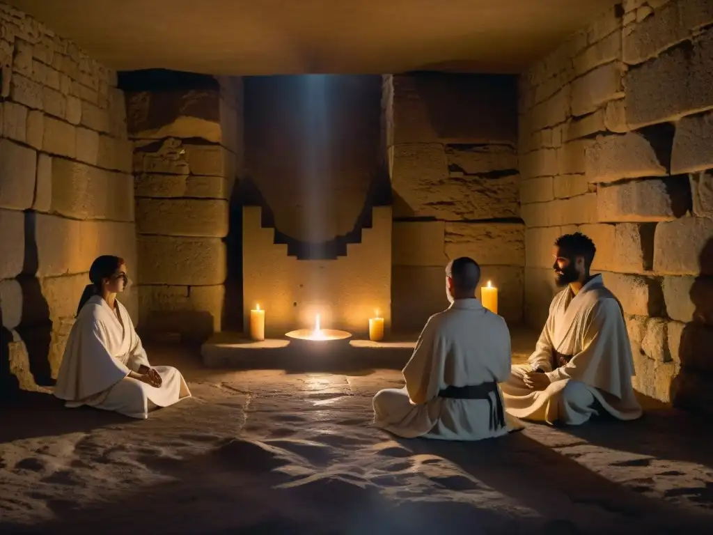 Grupo de cátaros en ritual espiritual en cámara subterránea iluminada por velas