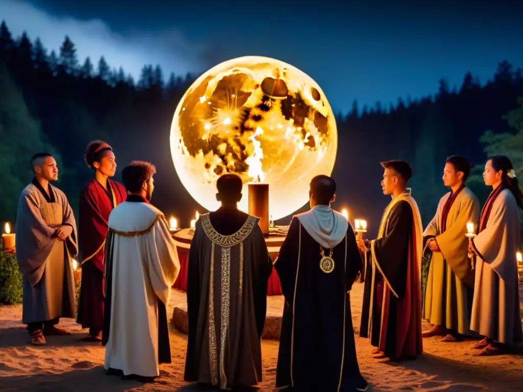 Un grupo en ceremonia bajo la luna nueva en el bosque