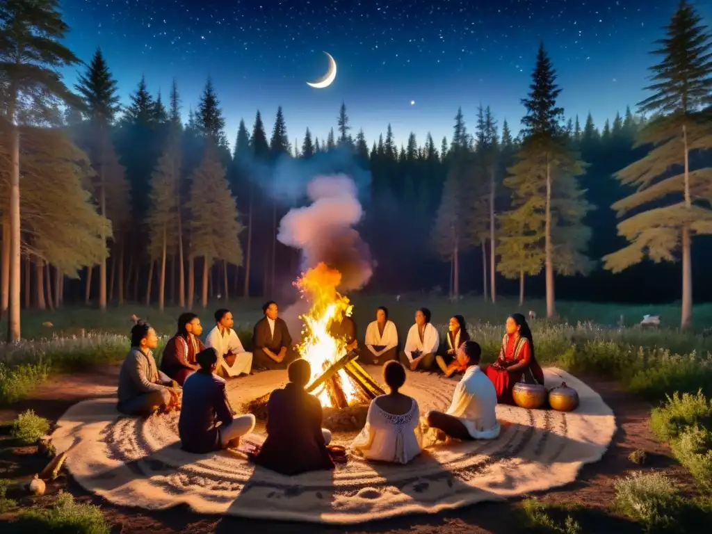 Un grupo en ceremonia de Luna Nueva en el bosque, rodeados de símbolos, bajo la luz de la luna