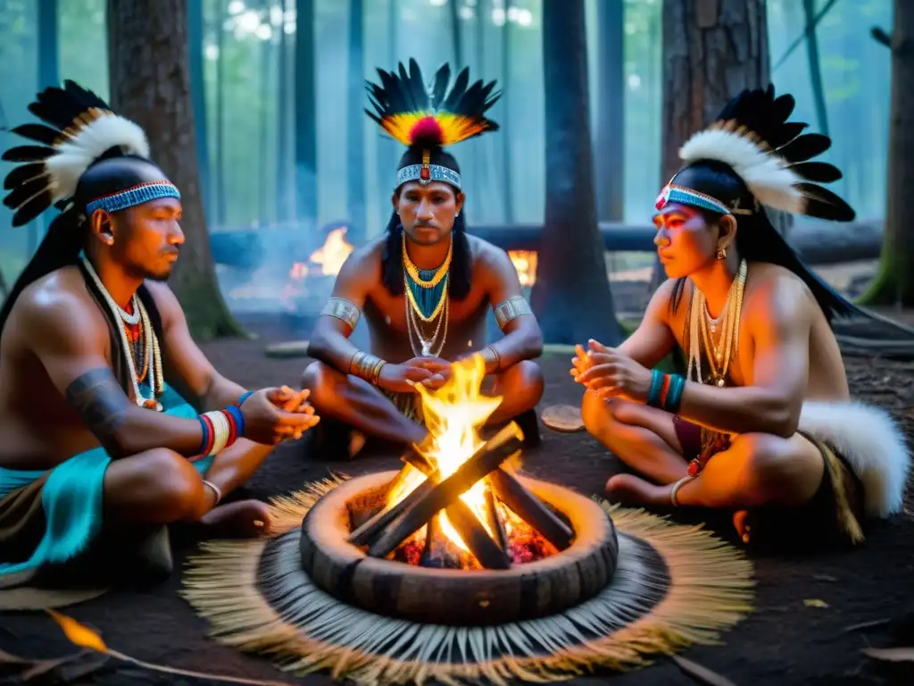 Un grupo de chamanes en atuendo tradicional realizando un ritual sagrado alrededor de un fuego en un bosque místico