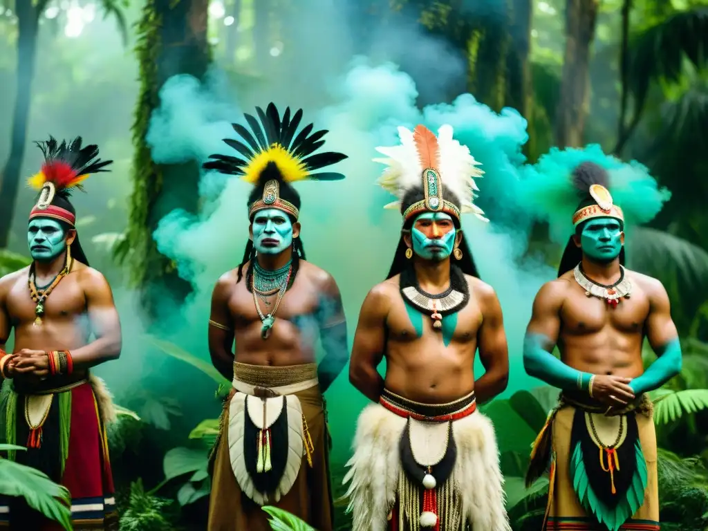 Un grupo de chamanes precolombinos practicando rituales esotéricos en un bosque místico