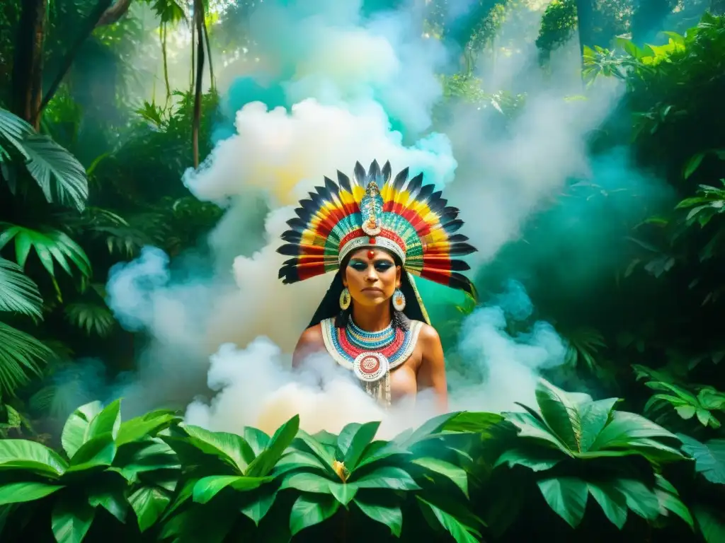 Grupo de chamanes en un ritual maya de purificación en la selva, con colores vibrantes y humo de copal