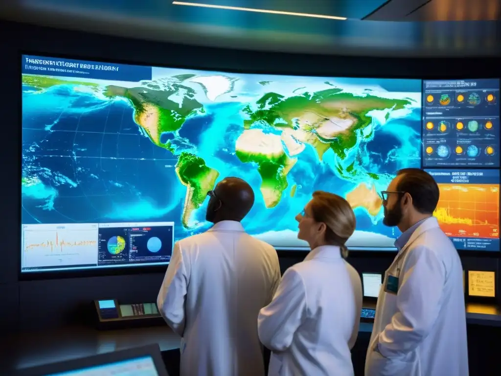 Un grupo de científicos en batas de laboratorio rodea un panel de control con mapas climáticos