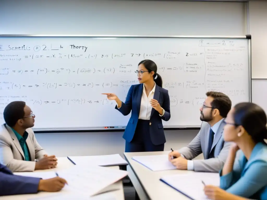 Un grupo de científicos debatiendo teorías físicas en una sala llena de instrumentos y libros