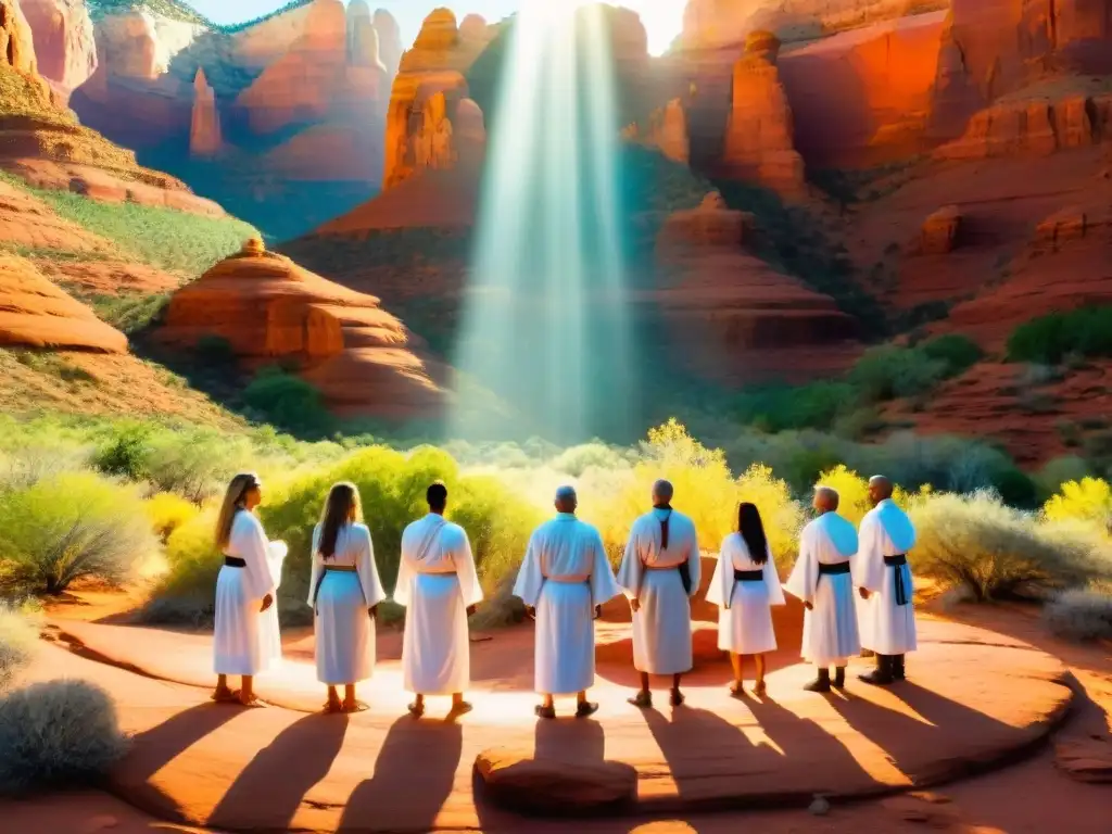 Grupo en círculo practicando espiritualidad en vórtices energéticos Sedona misteriosos