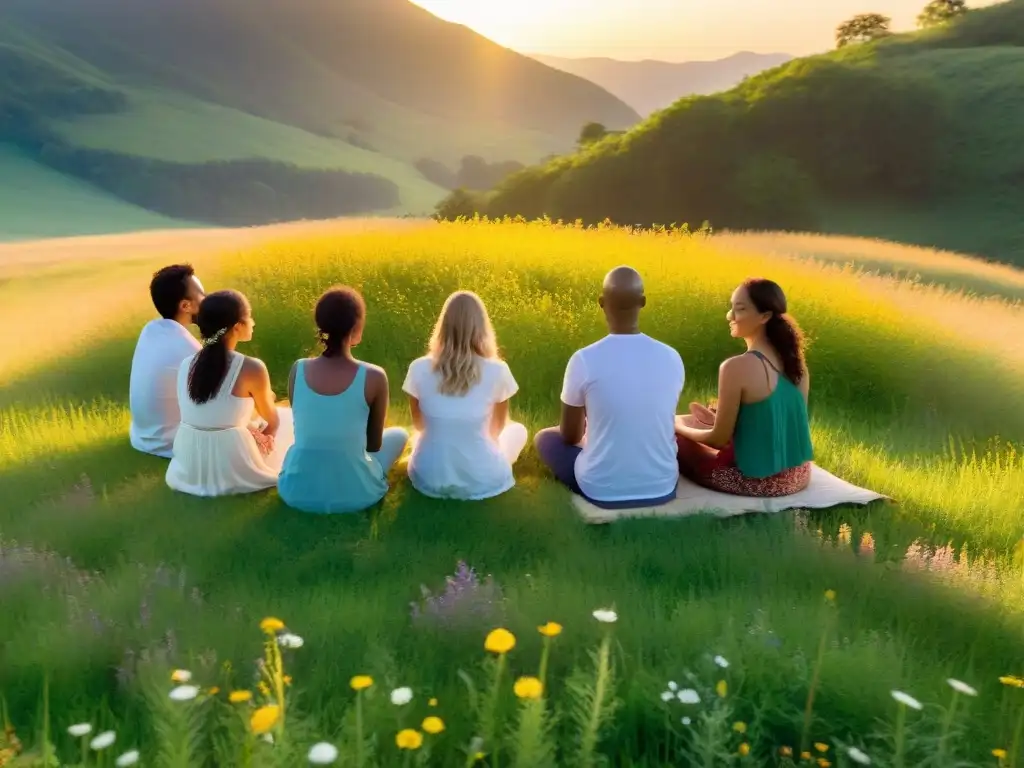 Grupo en círculo, ojos cerrados y manos unidas, en meadow verde