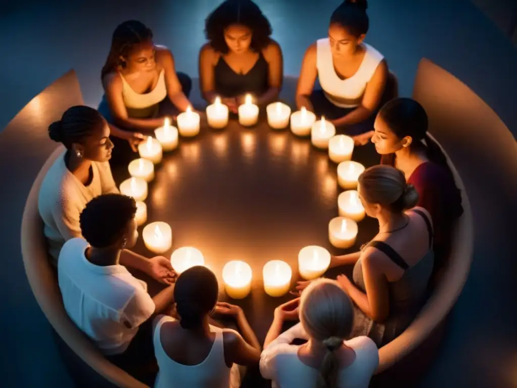 Grupo en círculo, velas y meditación para el desarrollo de habilidades psíquicas rosacruces