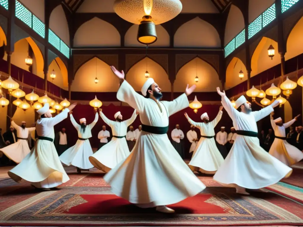 Un grupo de derviches sufíes girando en un ritual espiritual en un lodge persa