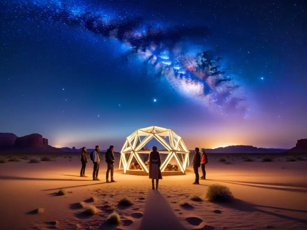 Grupo en desierto en ceremonia frente a portal alienígena bajo cielo estrellado