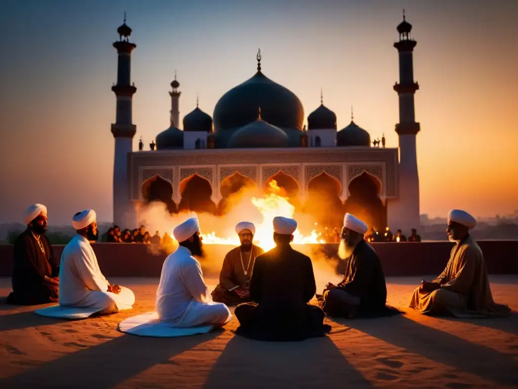 Un grupo de Sufis en diplomacia internacional girando en trance bajo la luz crepuscular de una mezquita iluminada