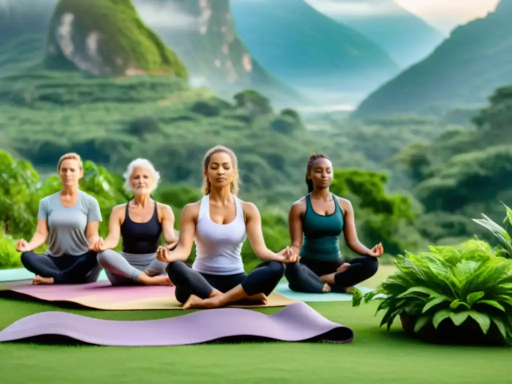 Un grupo diverso practica yoga al aire libre, mostrando unidad y paz interior