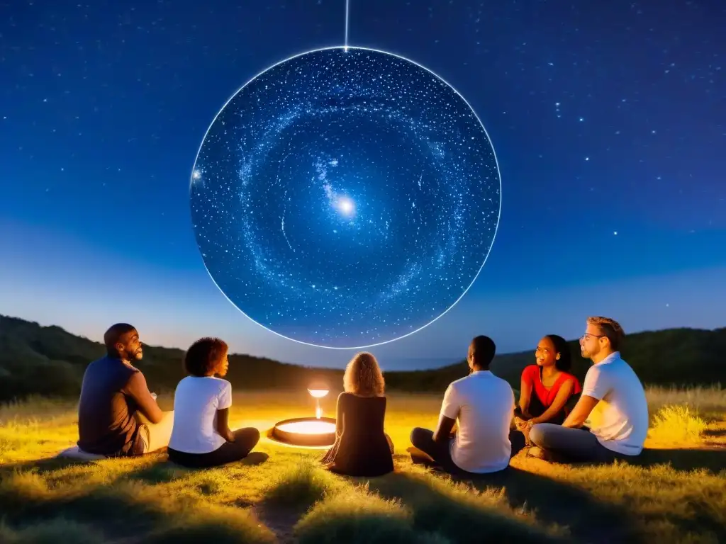 Un grupo diverso disfruta de los beneficios de la astrología moderna al observar las estrellas juntos bajo la noche estrellada