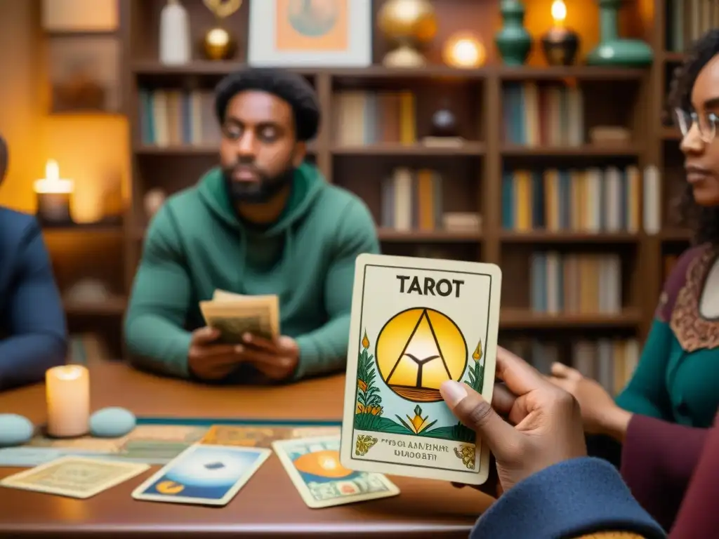 Un grupo diverso escucha atentamente a alguien con una carta de tarot de finanzas, en una sala acogedora llena de libros financieros