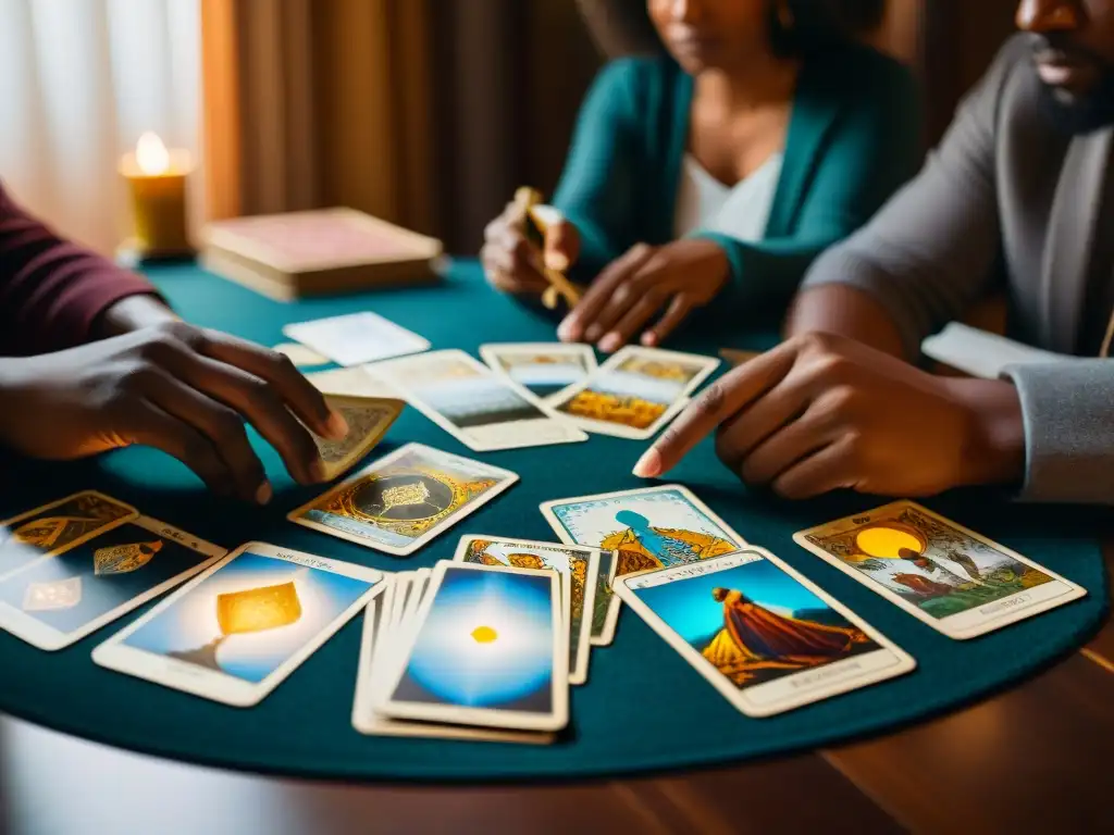 Grupo diverso concentrado en lectura de Tarot, detallados mazos sobre mesa