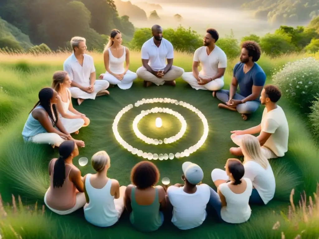 Grupo diverso en meditación con cuarzos en prado al atardecer