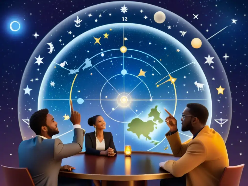 Grupo diverso de emprendedores discuten sobre constelaciones según signo zodiacal en mapa celestial