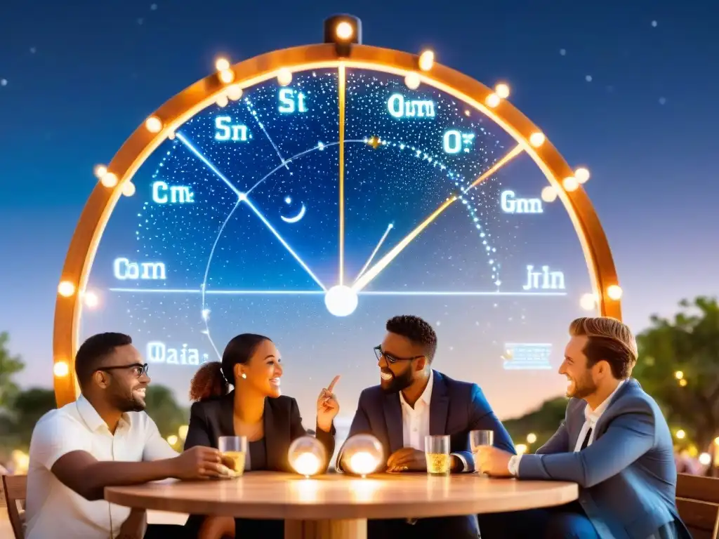 Un grupo diverso de emprendedores discute estrategias de negocio bajo el cielo nocturno, cada uno representando un signo zodiacal