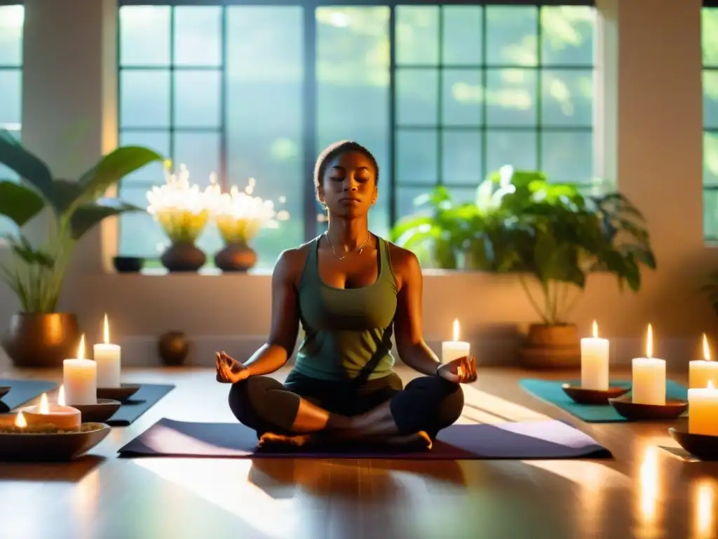 Grupo diverso practica meditación guiada, rodeado de velas y plantas en un ambiente tranquilo y sereno