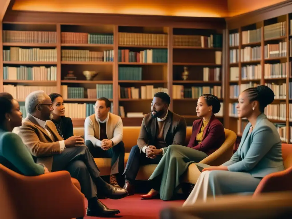 Un grupo diverso inmerso en una profunda discusión espiritual en una biblioteca acogedora de la Sociedad Teosófica