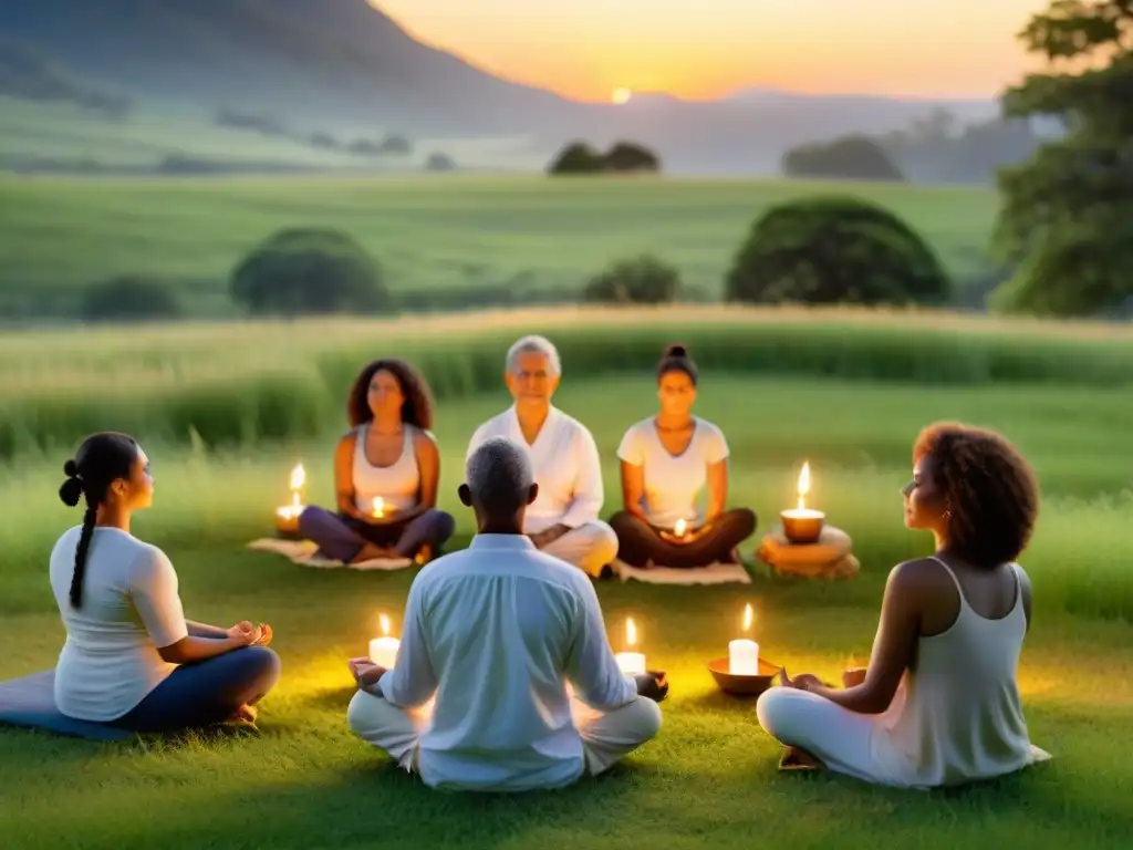 Grupo diverso practicando Meditación Trascendental al atardecer en prado verde