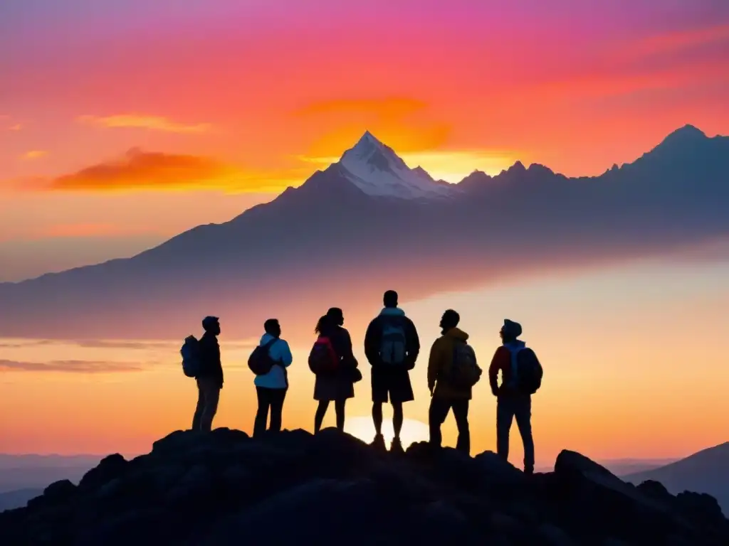 Un grupo diverso de personas unidas en la cima de una montaña al amanecer, simbolizando unidad y determinación