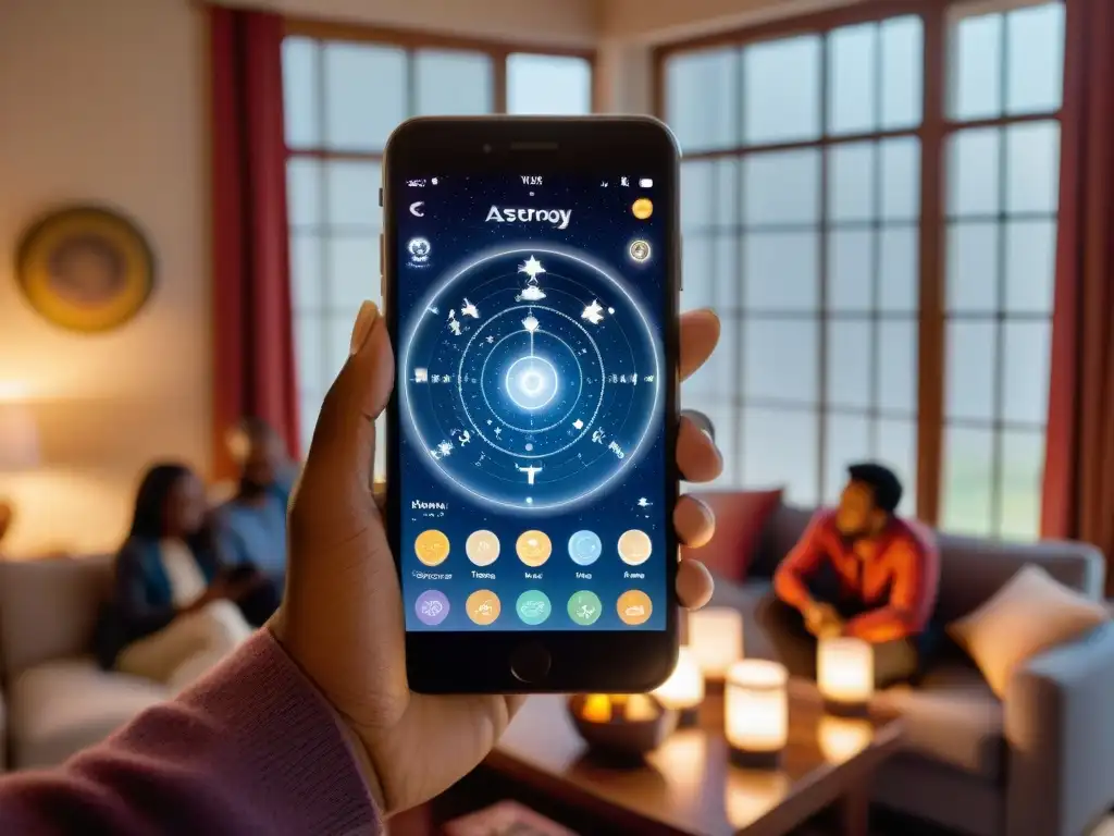 Un grupo diverso de personas concentradas en una app de astrología en un ambiente acogedor